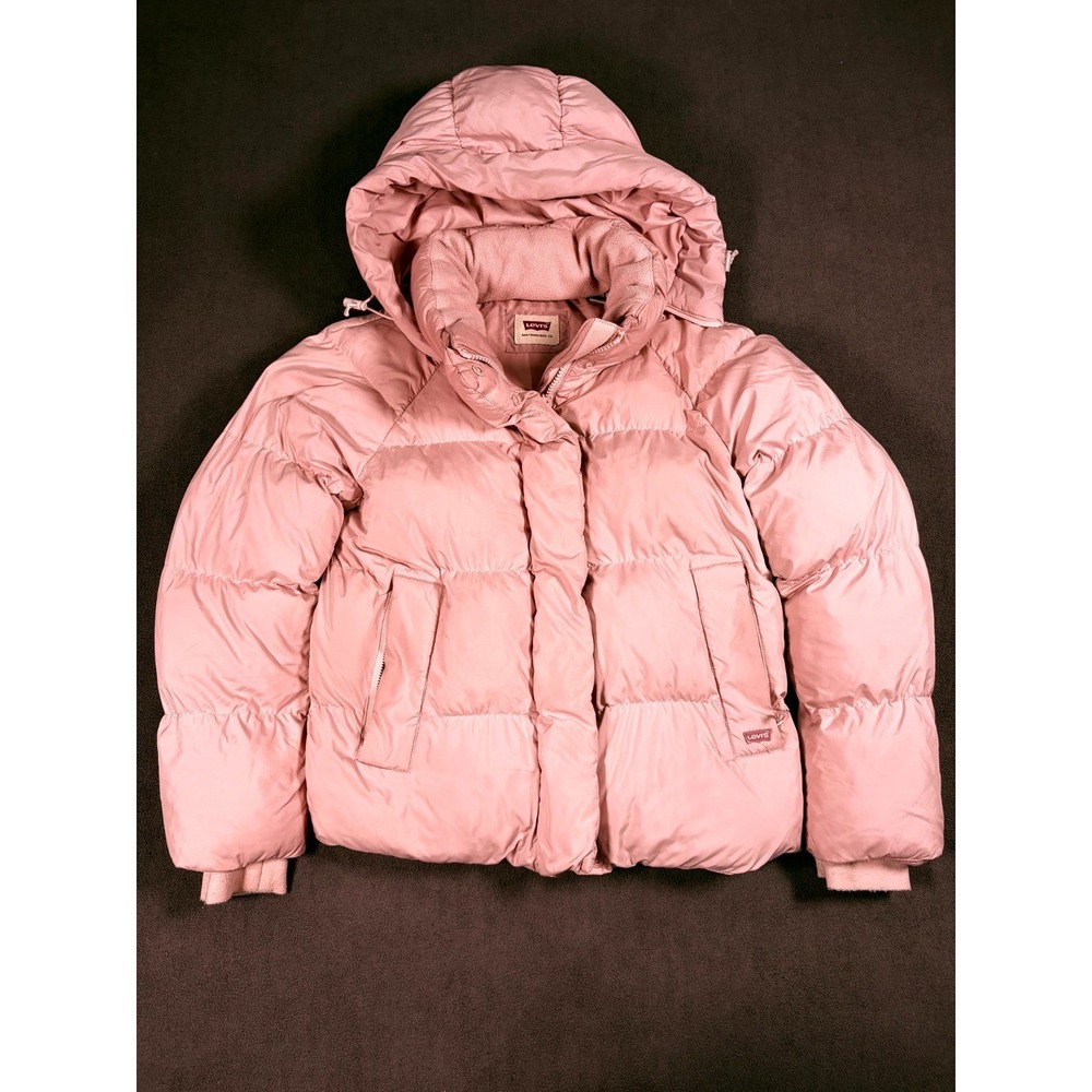 Levi's Puffer Jacket Womens Medium Pink Quilted Full Zip Hooded Warmth Casual